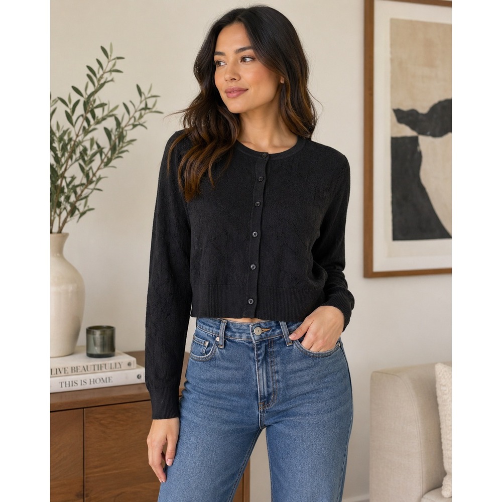 Jason Wu Cropped Cardigan Black‎ Knit Sweater Women M Button Front